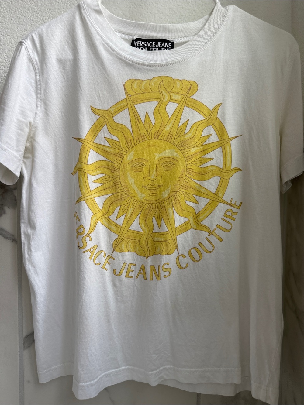 Versace Jeans Couture Women's White Tee with Yellow Sun Logo